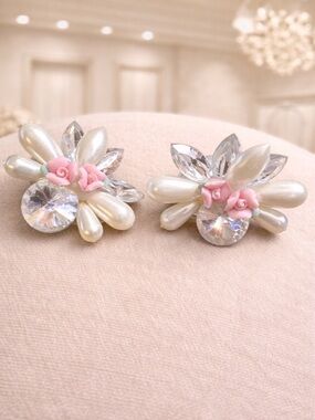 Vintage Pink Rose Porcelain Faux Pearl Rhinestone Cluster Clip on Earrings